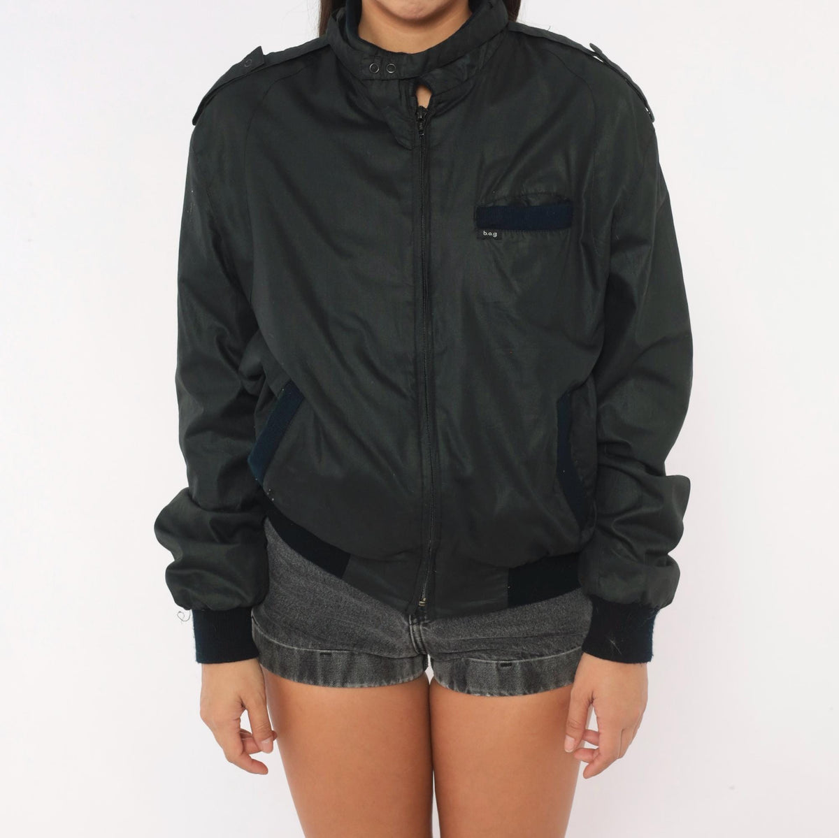 80s Bog Black Bomber Jacket Cotton Epaulette Stand Collar Small