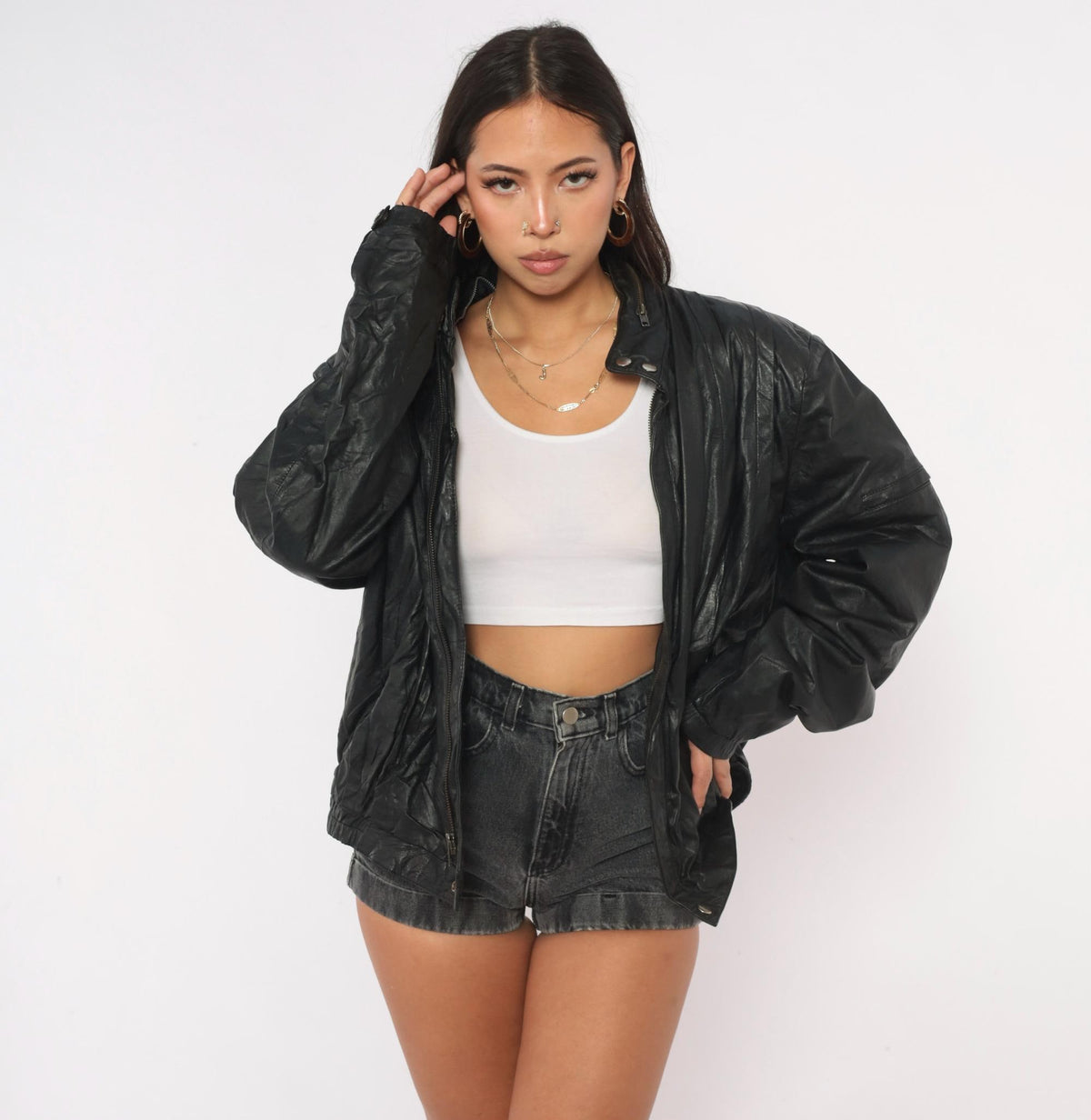 90s Black Leather Bomber Jacket Golden Collection Raffaelo Moto Boxy Medium