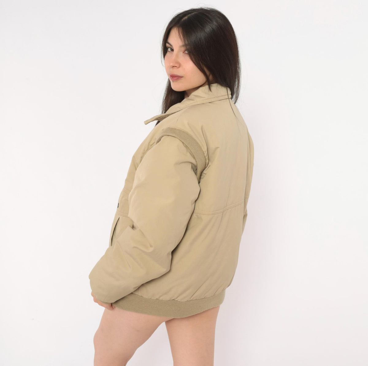 70s Natural High Down Bomber Jacket Convertible Zip-Off Sleeves Tan Medium