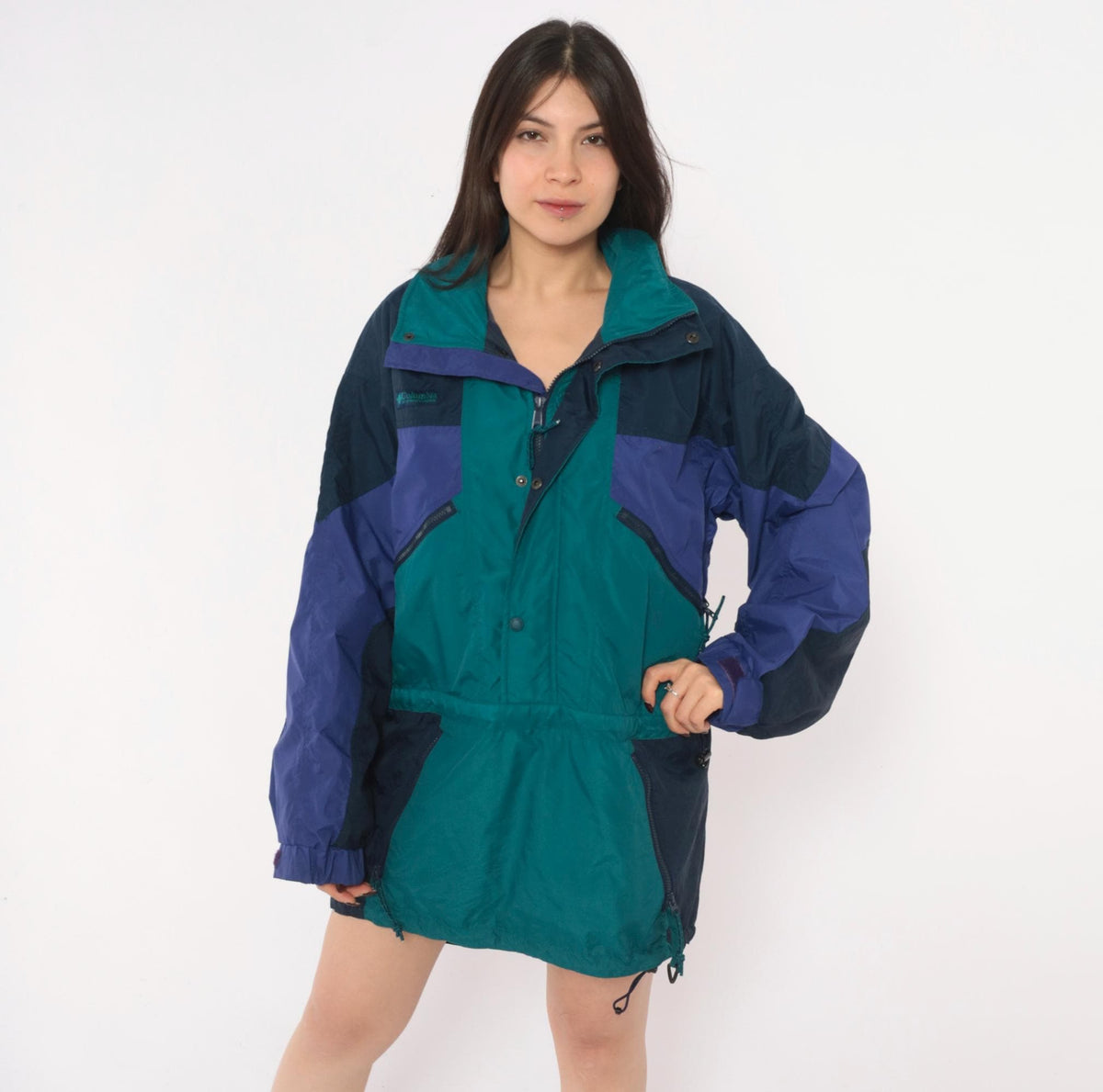 90s Columbia Anorak Navy Teal Purple Color Block Windbreaker Half Zip Small