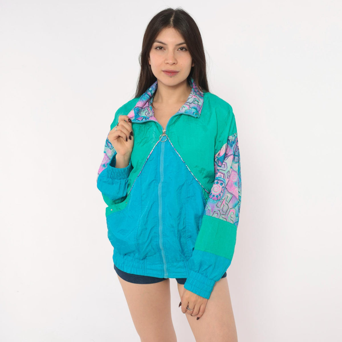 90s Otello Pelle Teal Windbreaker Geometric Color Block Jacket Medium