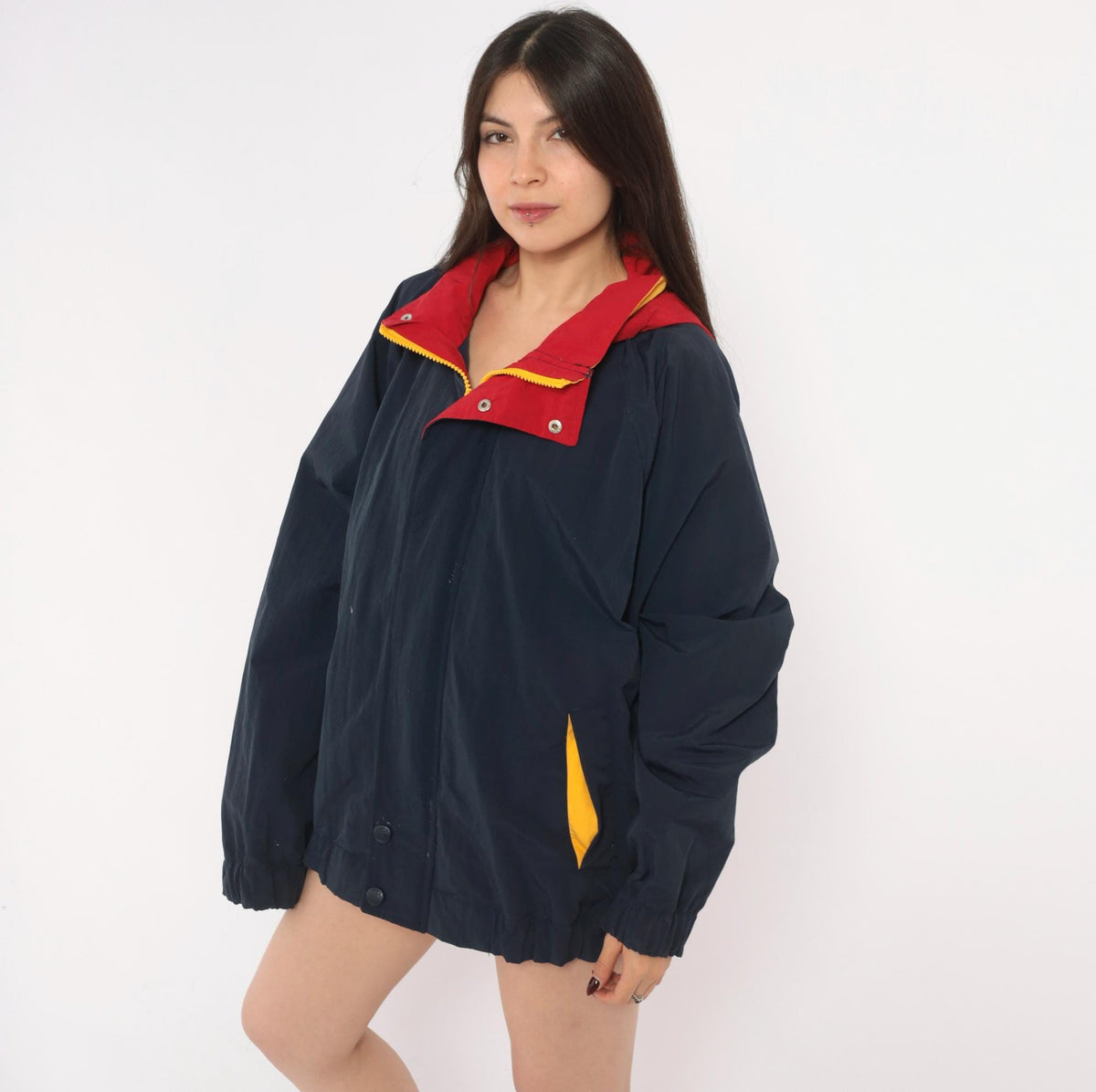 90s Croft & Barrow Navy Windbreaker Hooded Jacket Color Block Red Yellow Extra Large