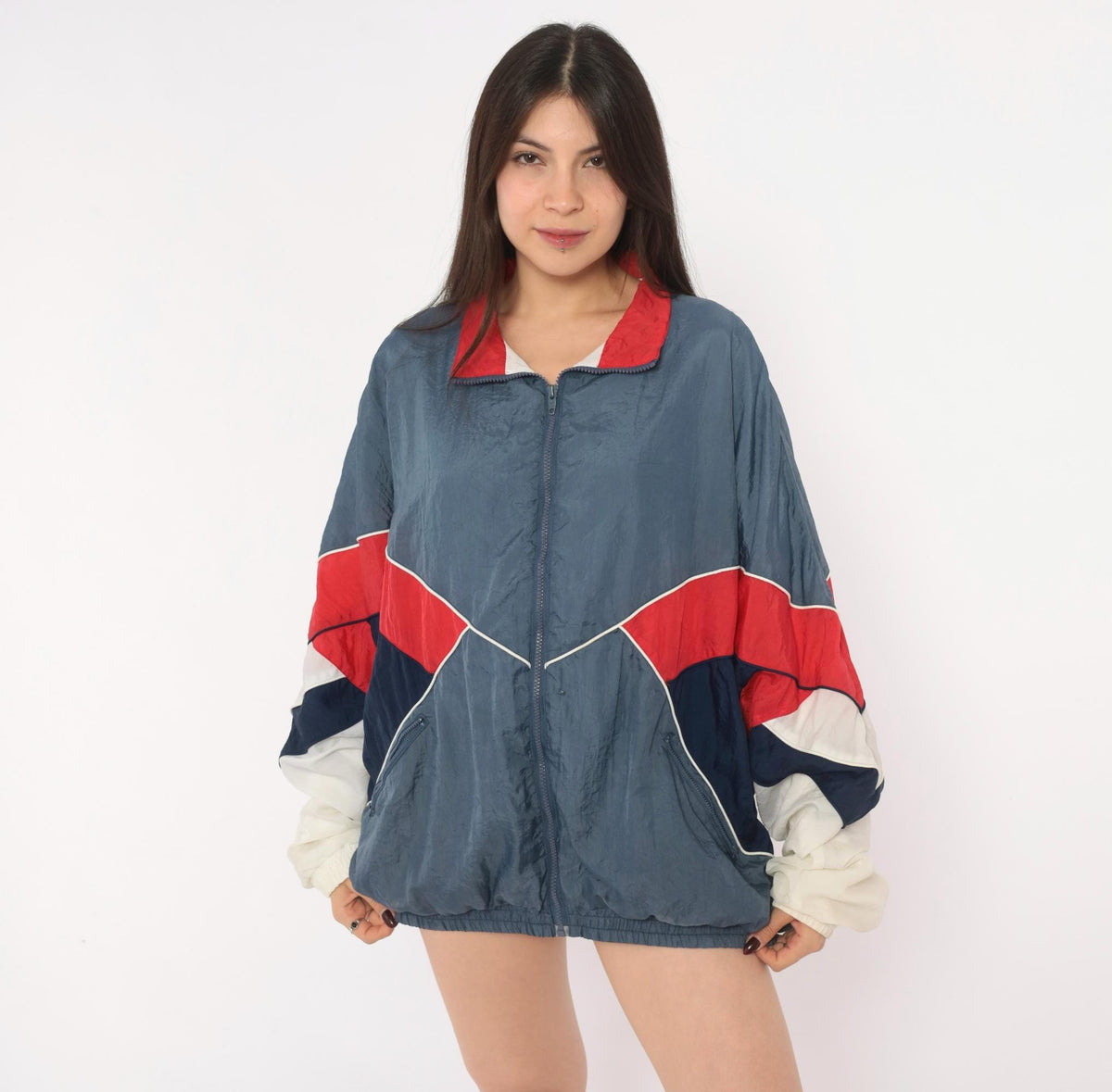 90s Avait Sportif Windbreaker Jacket Colour Block Chevron Blue Navy Cream Extra Large