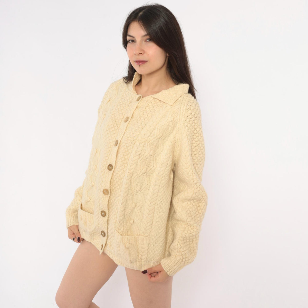 80s Cream Cable Knit Wool Cardigan Fisherman Collar Button Front Large L