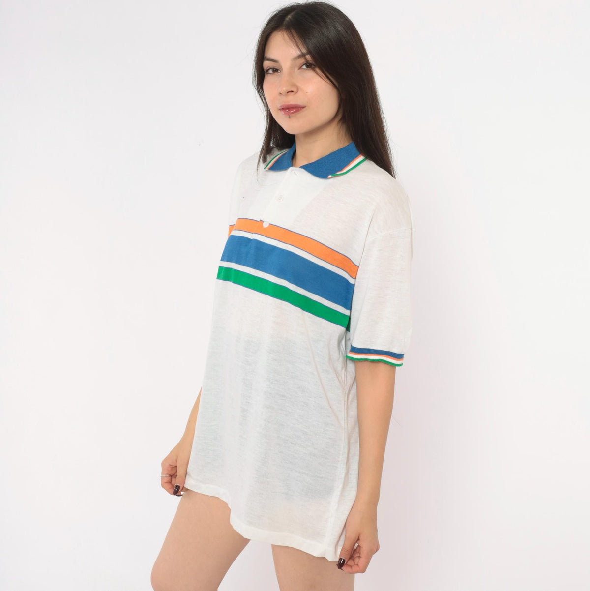 80s Robert Bruce Striped Polo Shirt White Blue Orange Green Extra Large