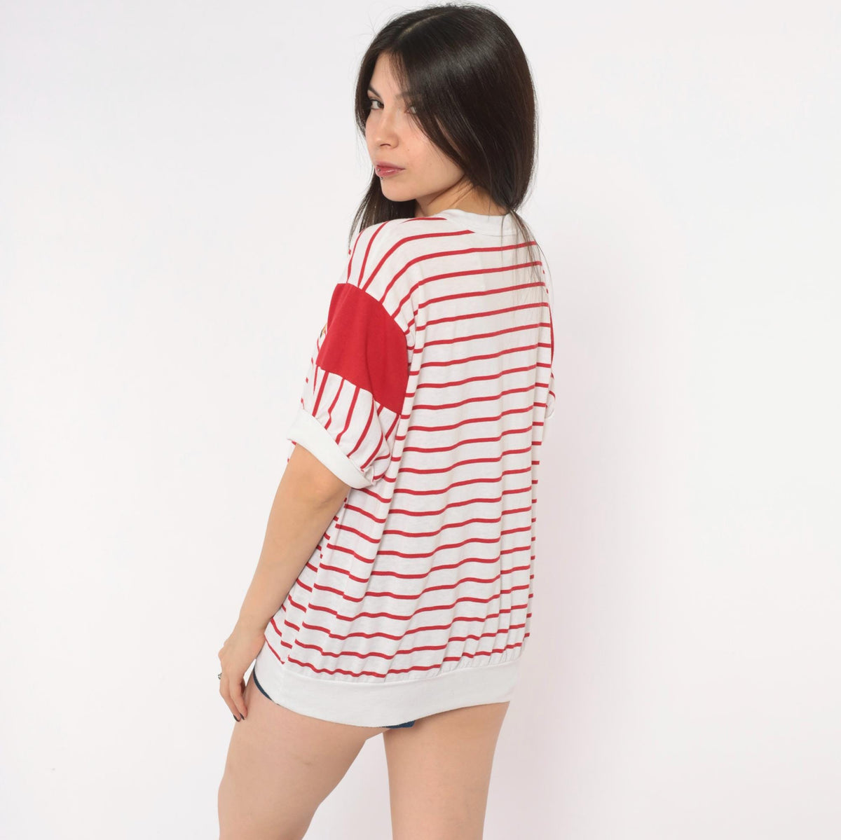 80s Golden Plaza Nautical Striped Tee Red White Embroidered Crest Large
