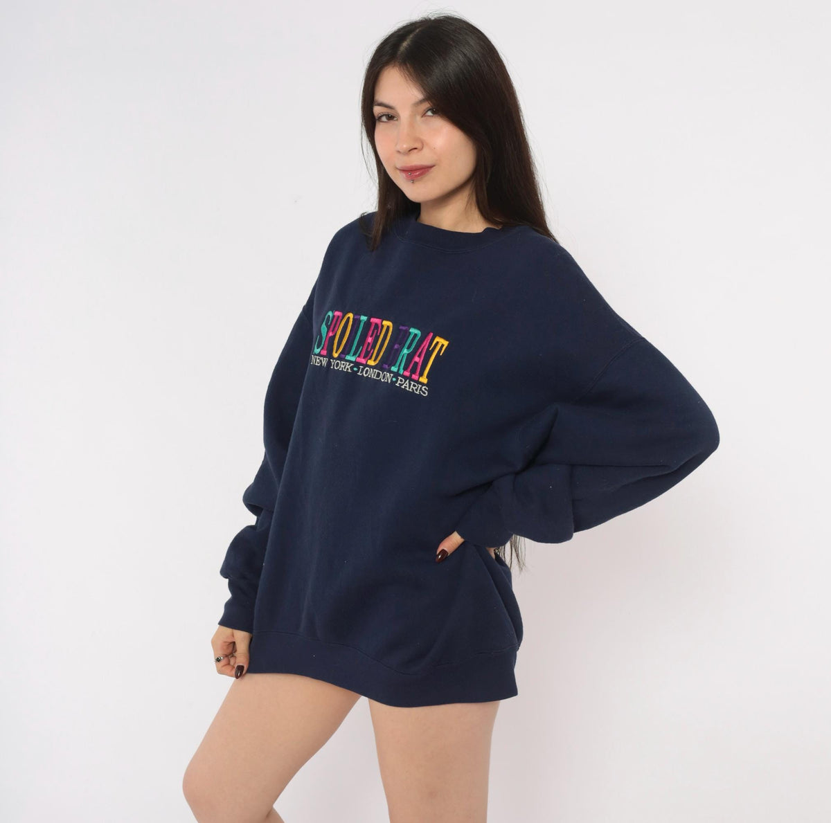 90s Spoiled Brat Navy Sweatshirt Embroidered Rainbow Text Extra Large XL
