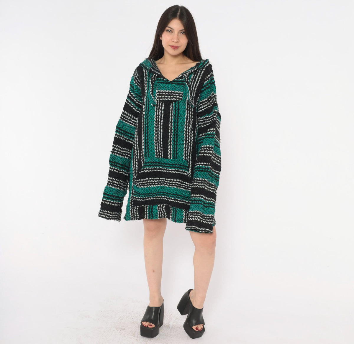 90s Baja Hoodie Black Teal Stripe Kangaroo Pocket V Neck Unisex Extra Large XXL