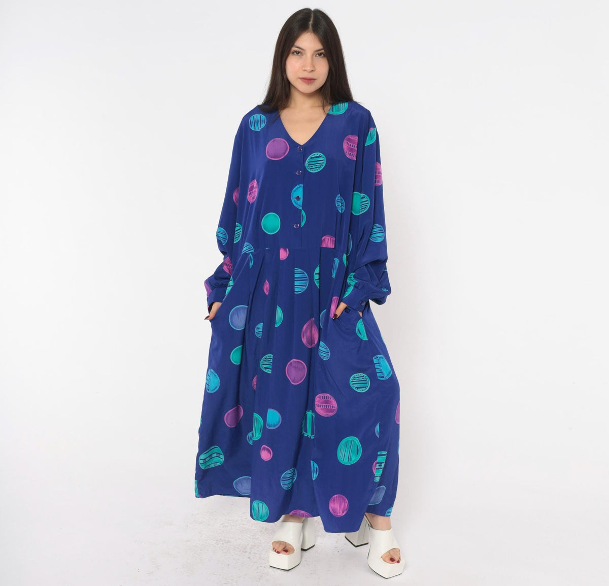 90s Stephanie Thomas Circle Print Dress Purple Blue Plus Size XXL