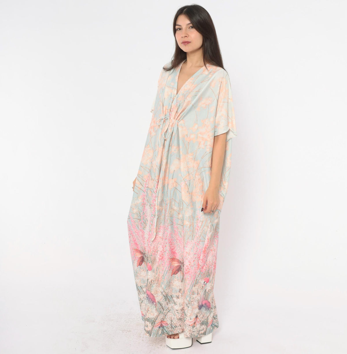 70s T.V. Sangers Crane Bird Caftan Maxi Dress Blue Pink Floral Large