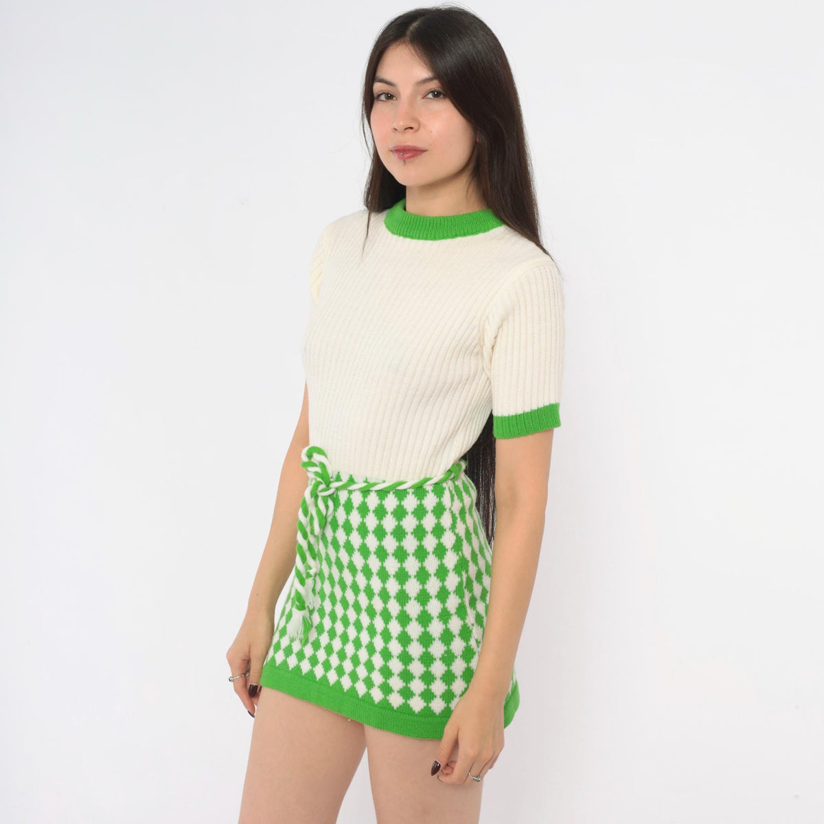 70s Alyssa Knit Mini Dress Green Cream Diamond Argyle Short Sleeve Extra Small XS