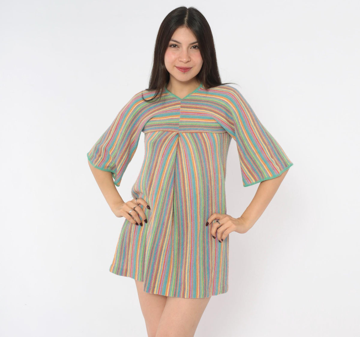 70s Key of Gee Rainbow Striped Knit Mini Dress V Neck A Line Extra Small