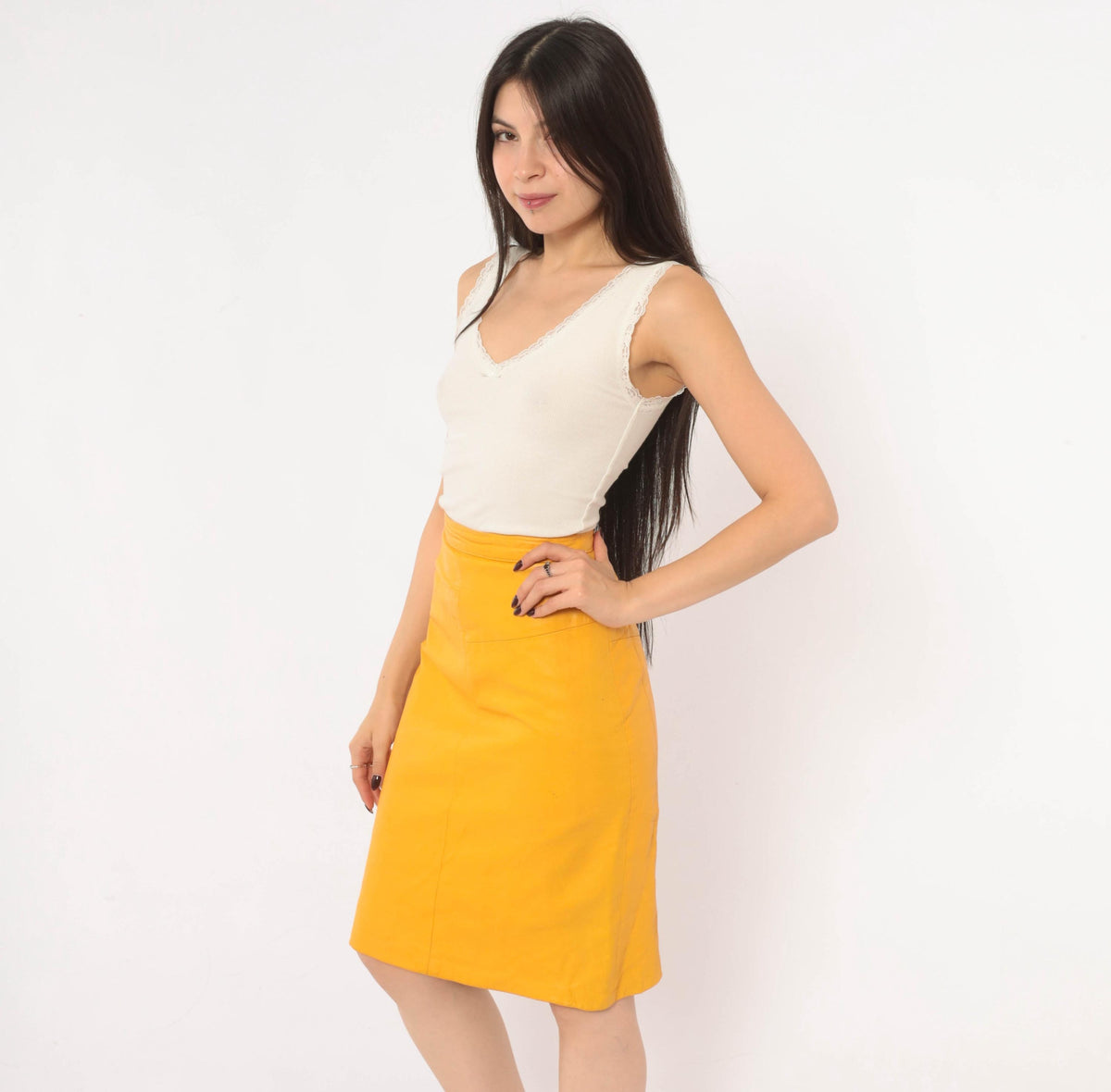 90s Forenza Mustard Yellow Leather Pencil Skirt High Waist Knee Length Extra Small XS