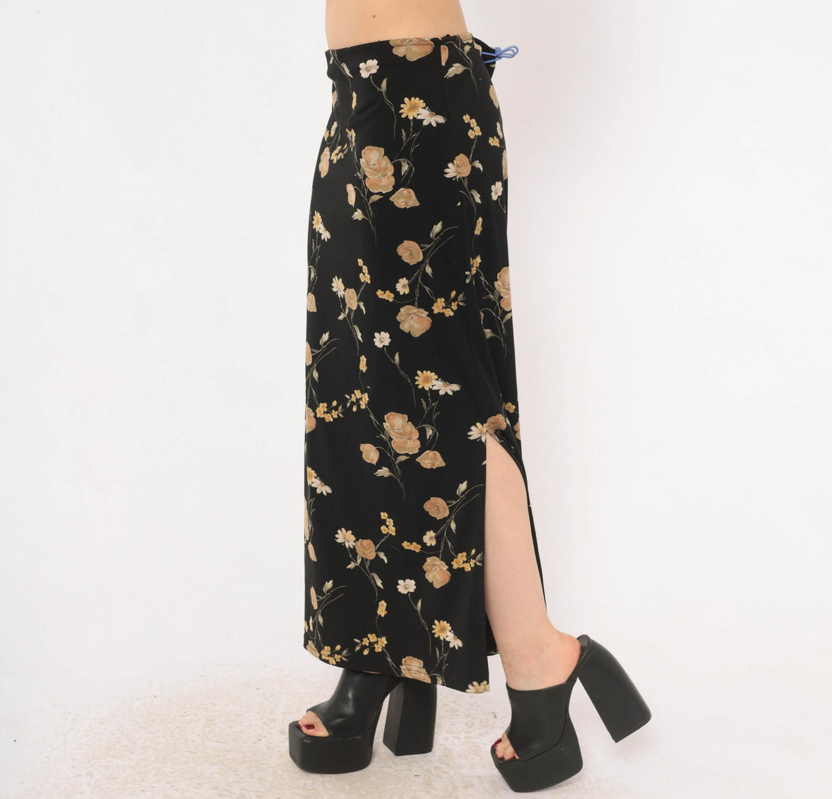 90s Black Floral Skirt Ankle Length Straight Daisy Rose Print Large L