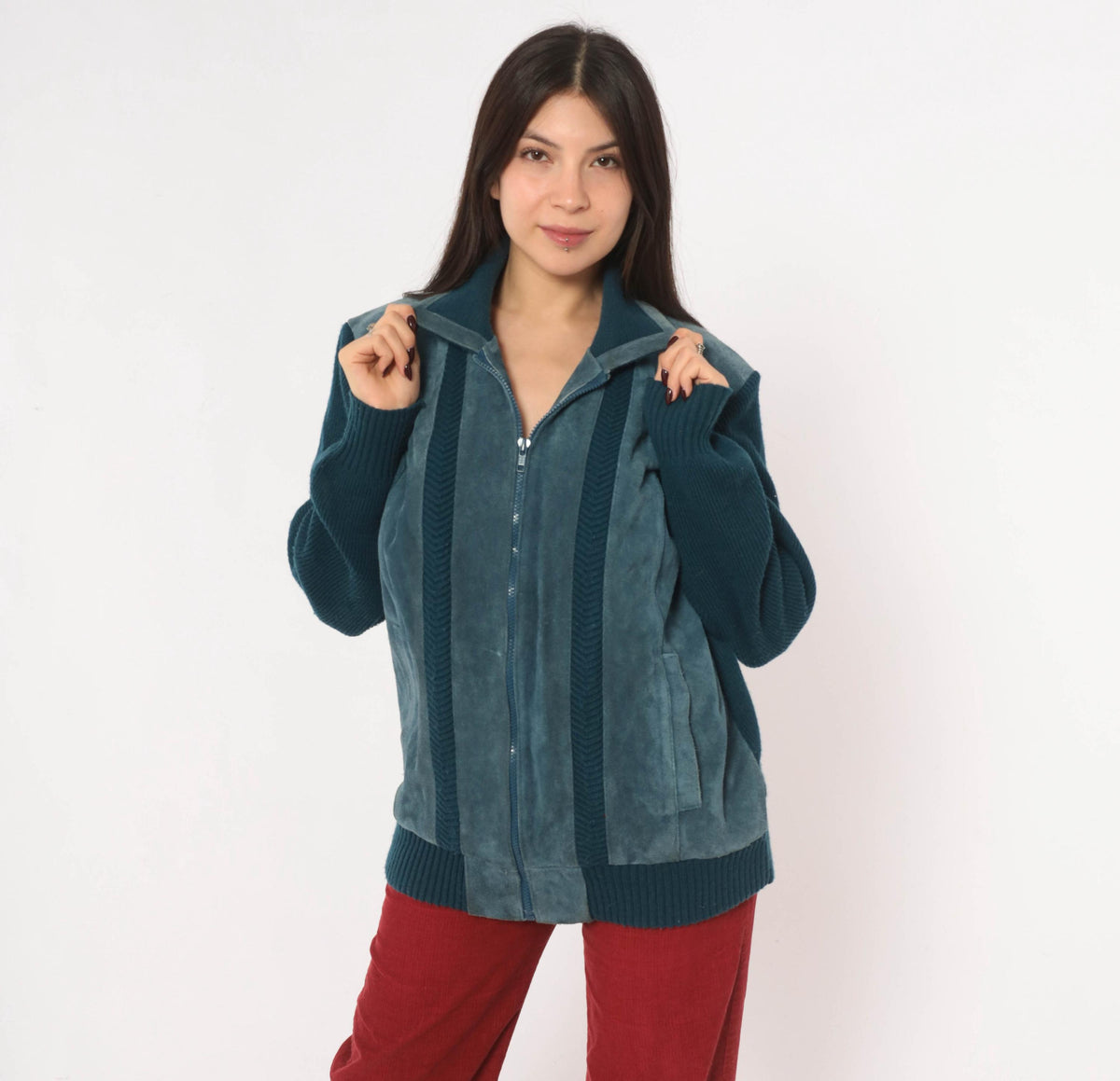 80s Mervyn's Navy Blue Suede Leather Cardigan Knit Zip Jacket Large