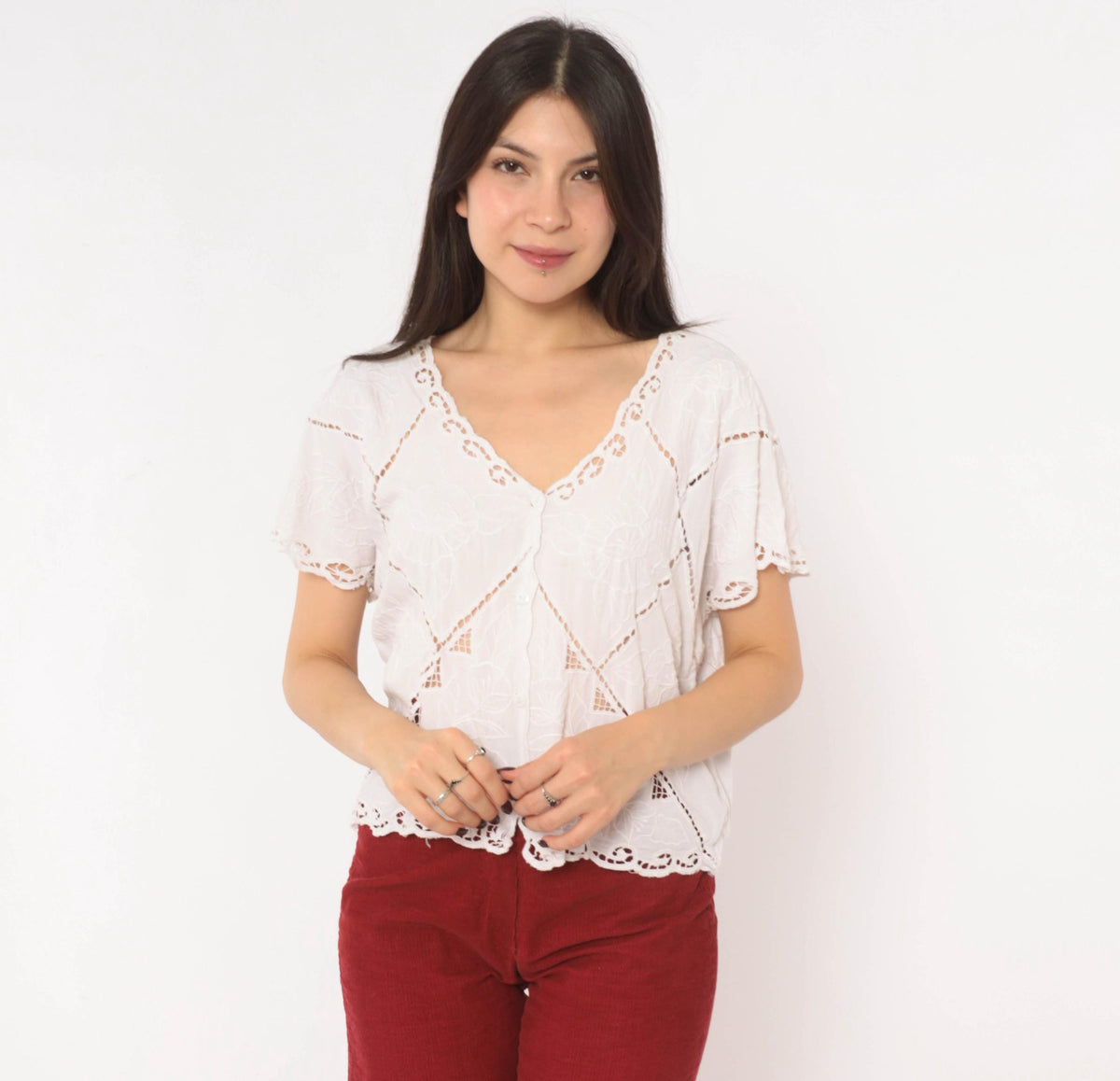 90s Hibis White Cutwork Eyelet Blouse Embroidered Floral Flutter Sleeve Large