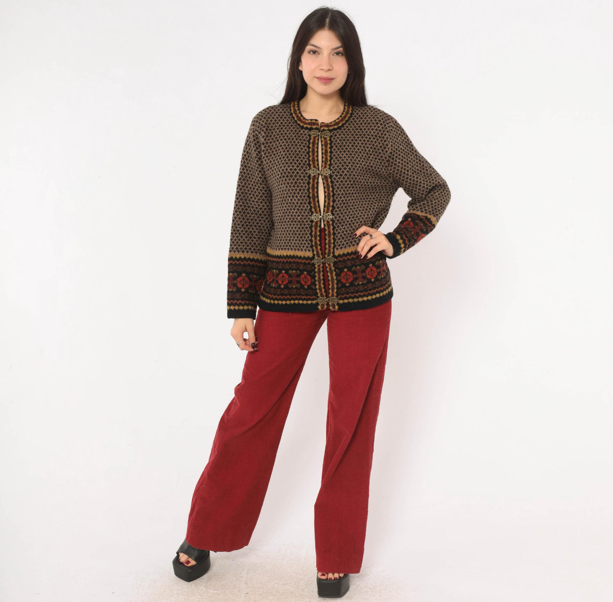 90s Skyr Wool Cardigan Black Tan Fair Isle Nordic Knit Small S