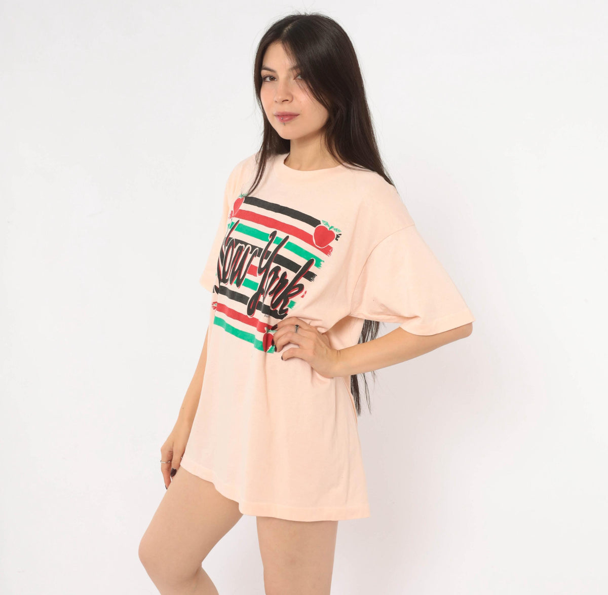 90s New York Souvenir Tee Pink Graphic Apple Stripe Crewneck Extra Large XL