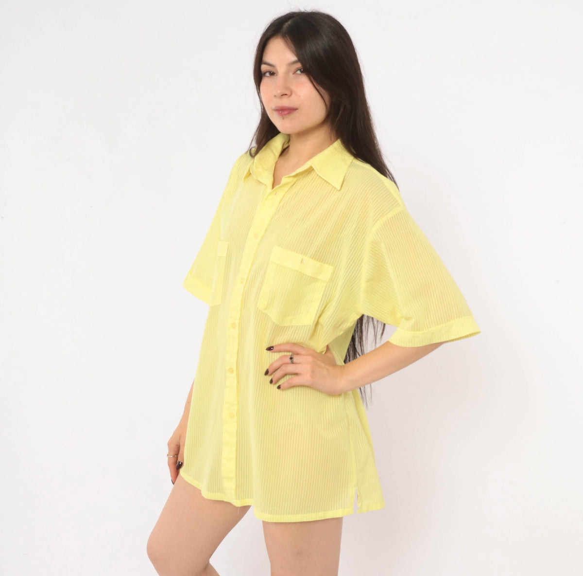 70s Jean Phillipe Yellow Striped Button-Up Shirt Pointed Collar Sheer Large