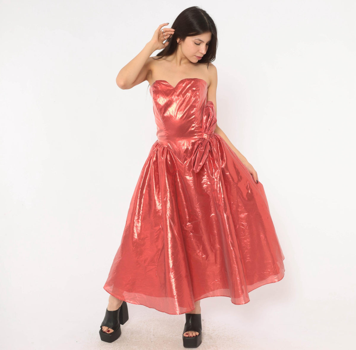 80s Nadine Formals Metallic Red Strapless Party Dress Sweetheart Neckline Medium M