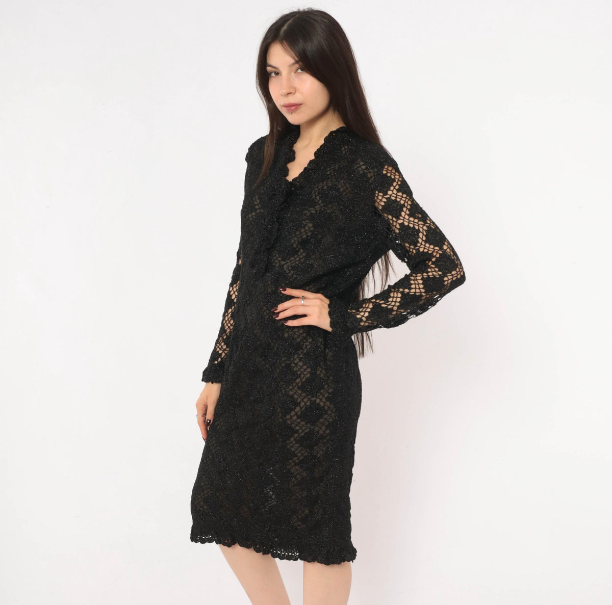 70s Black Crochet Lace Dress Metallic Sparkle Long Sleeve Knee-Length Small