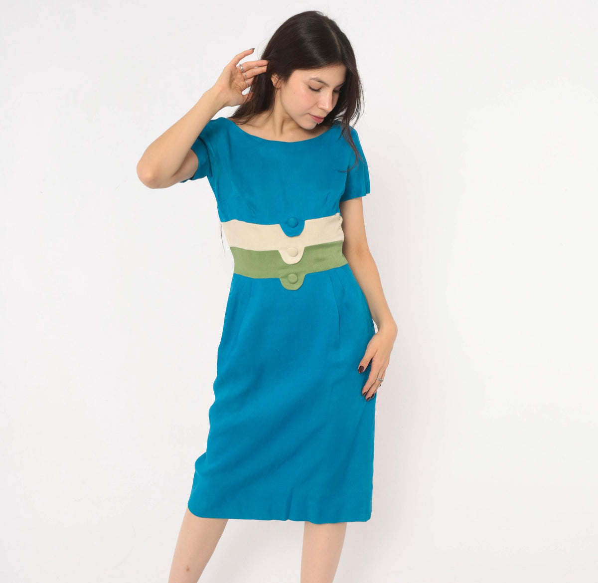 60s Teal Linen Sheath Dress Color Block Cream Olive Boat Neck Small