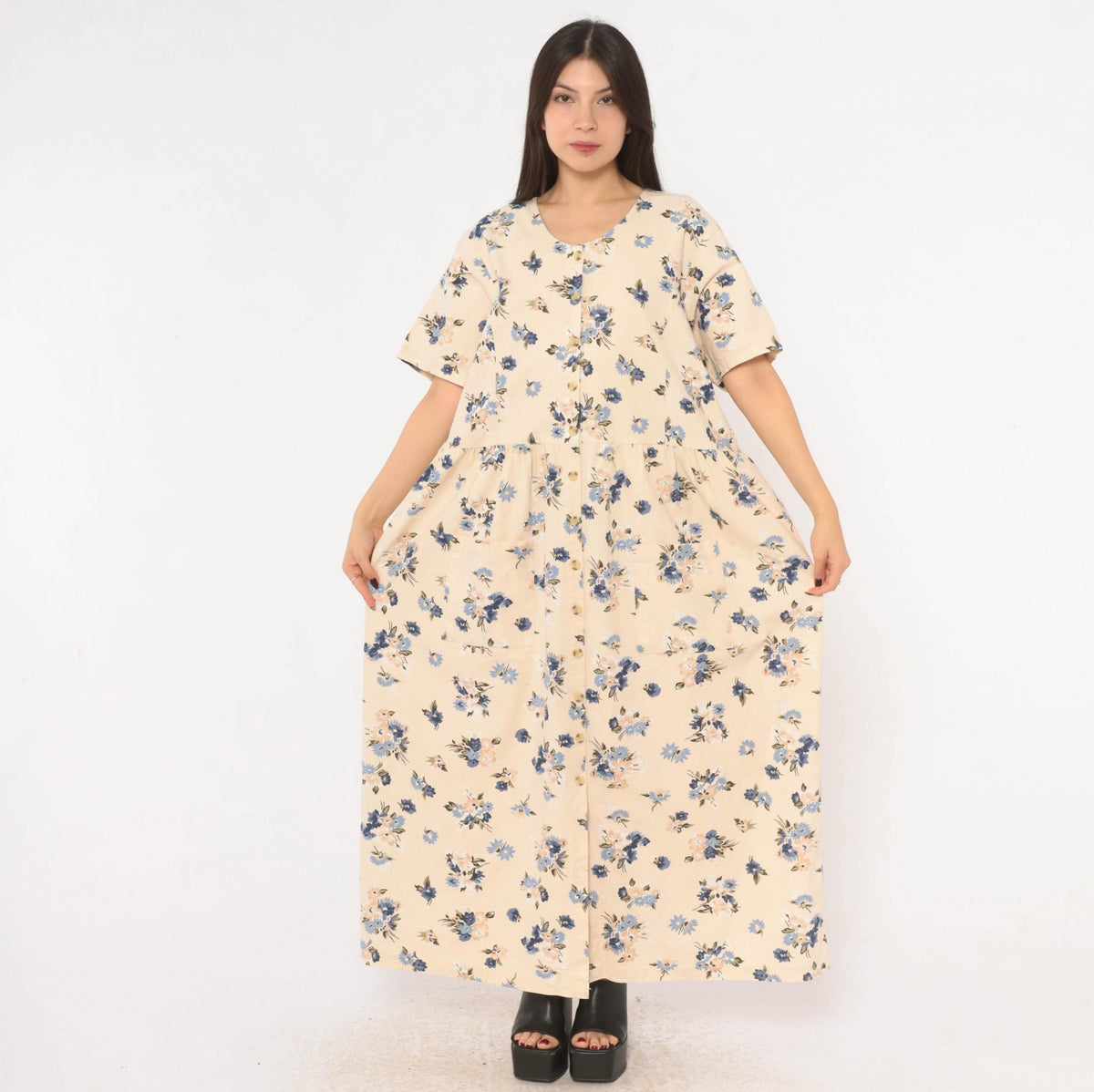 90s Studio C Floral Linen Maxi Dress Cream Navy Plus Size XXL
