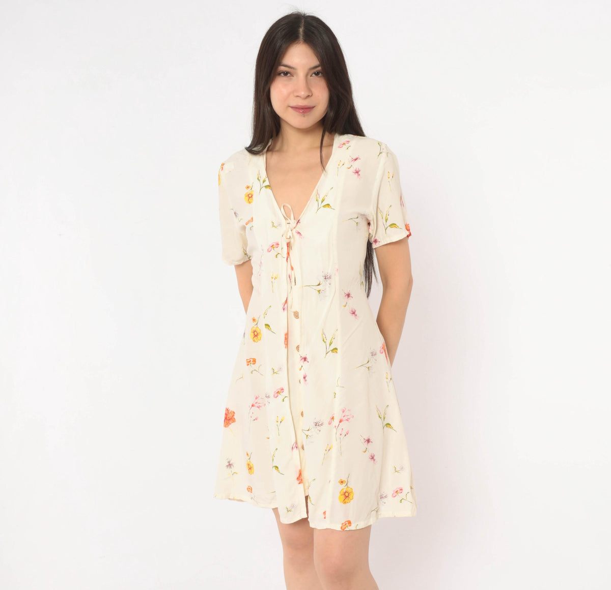 90s Wag Girls Floral Dress Cream Ditsy Print Tie Front Knee Length Extra Small XS