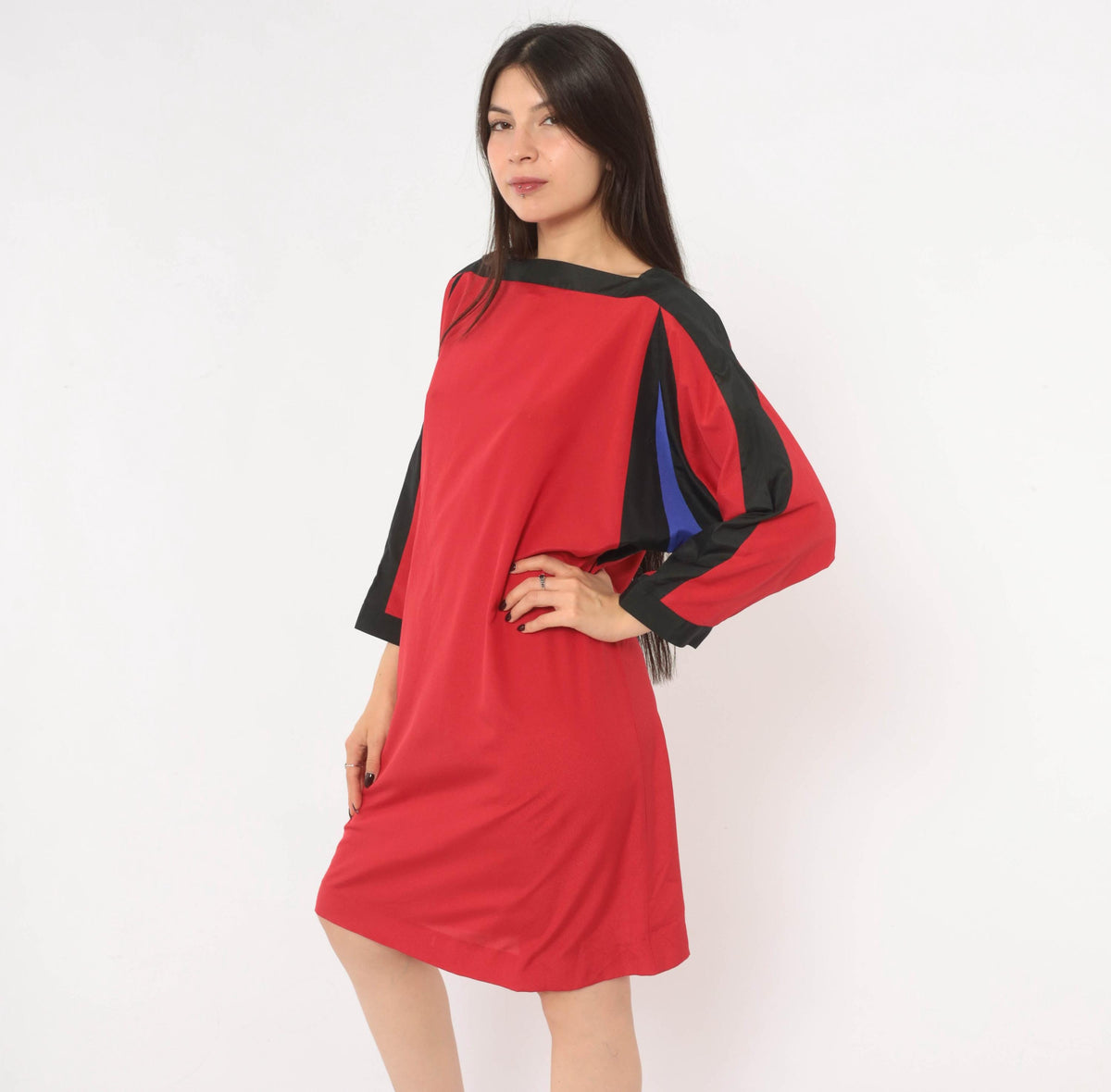 80s Red Color Block Shift Dress Batwing Dolman Sleeve Boat Neck Medium