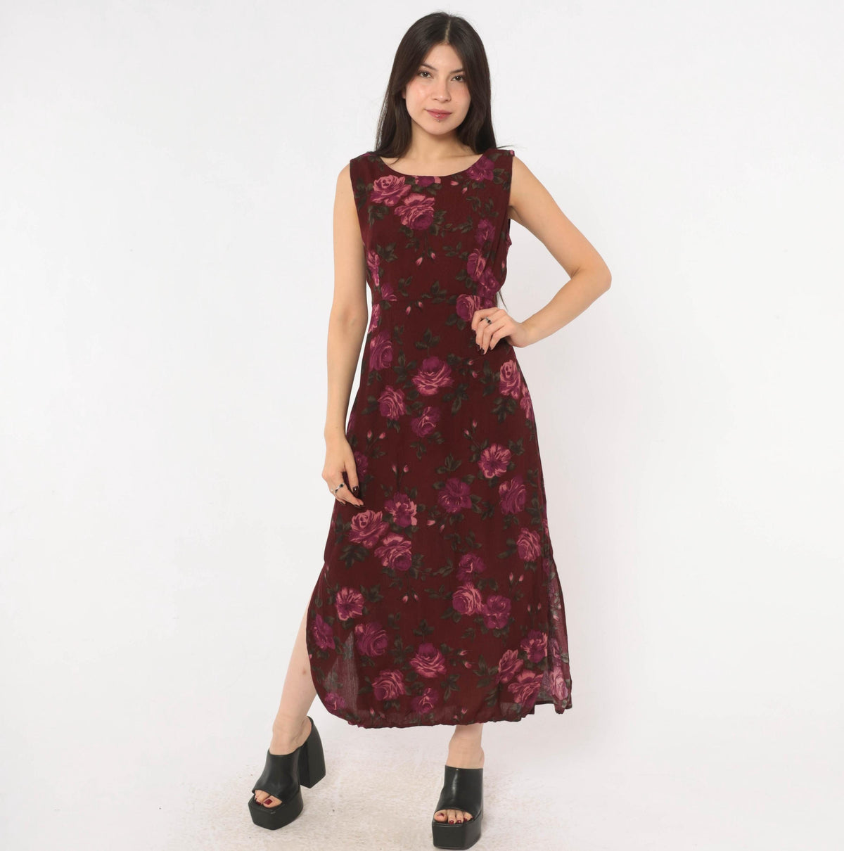 90s Chadwick's Burgundy Floral Midi Dress Sleeveless Tie Back Medium M
