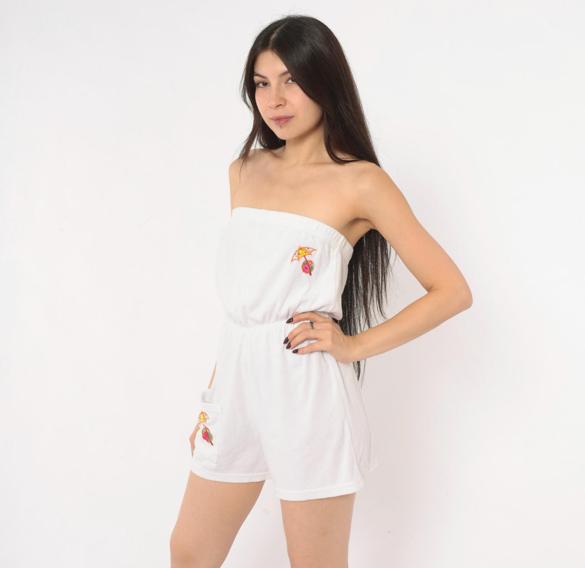 80s Bobbie Brooks White Strapless Terry Cloth Romper Umbrella Embroidered Small