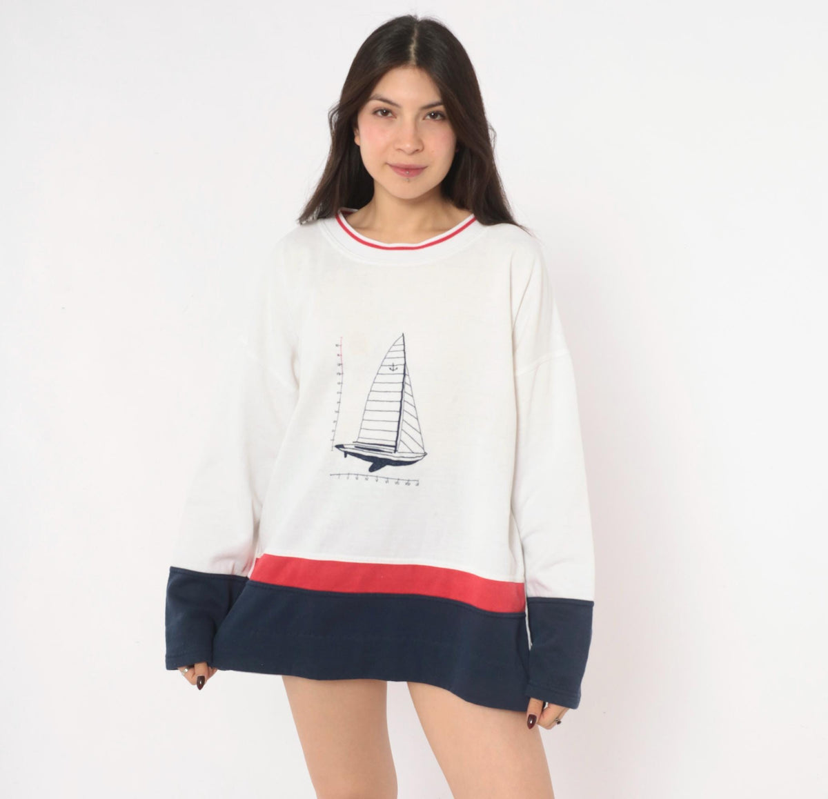 90s Kini Sailboat Embroidered Crewneck Sweatshirt White Navy Cotton Extra Large XXL
