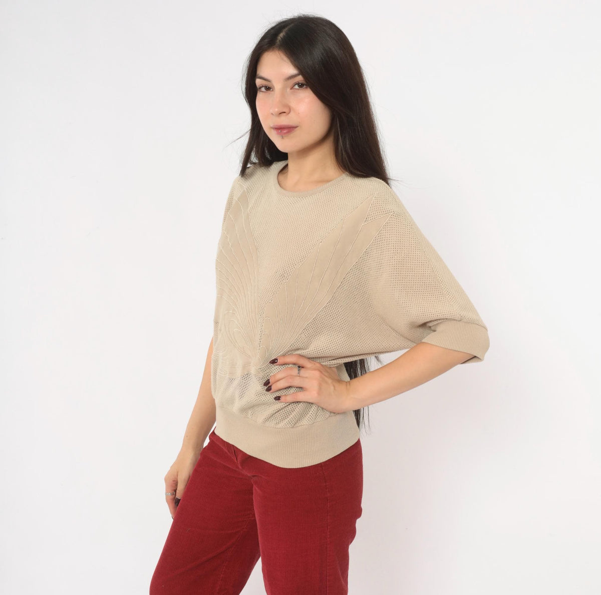 80s Stephanie Beige Mesh Knit Top Dolman Batwing Butterfly Appliqué Medium