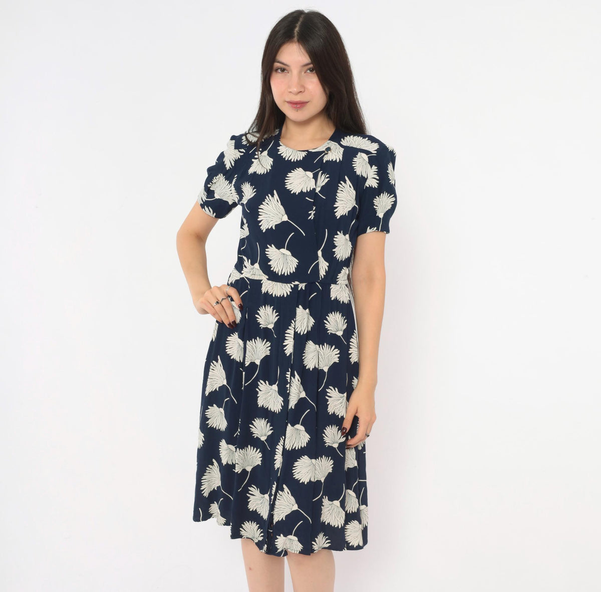 90s Liz Claiborne Navy Floral Dress White Daisy Print Puff Sleeve Small S