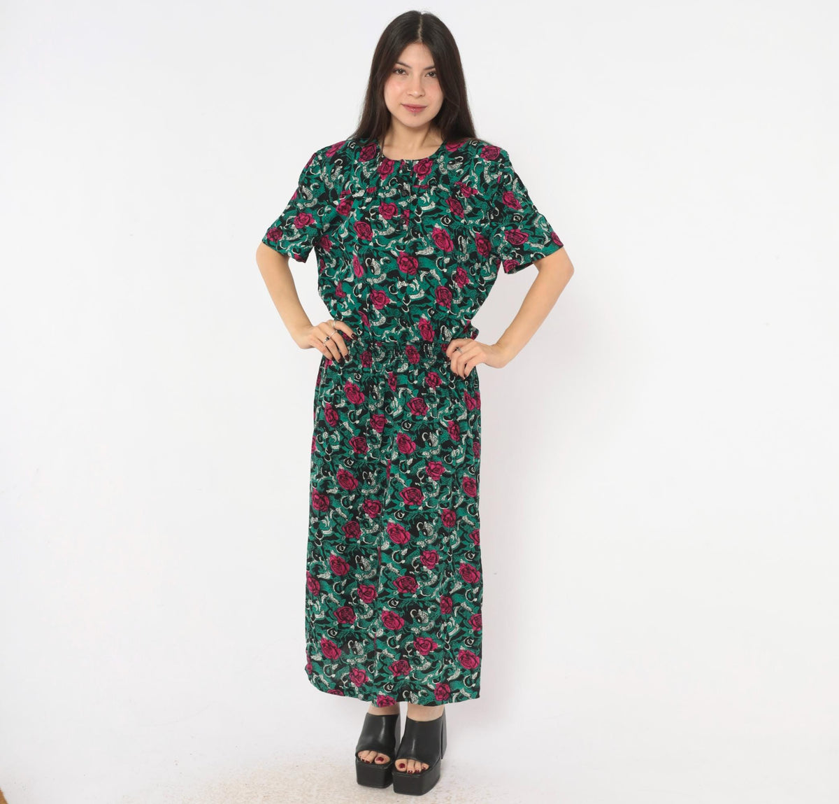 90s Virgo II Rose Print Maxi Dress Teal Pink Button Front Medium