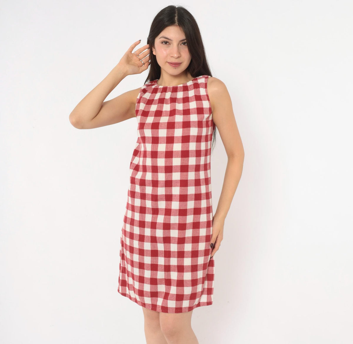 Y2K Red Gingham Sleeveless A-Line Dress Knee Length Medium M