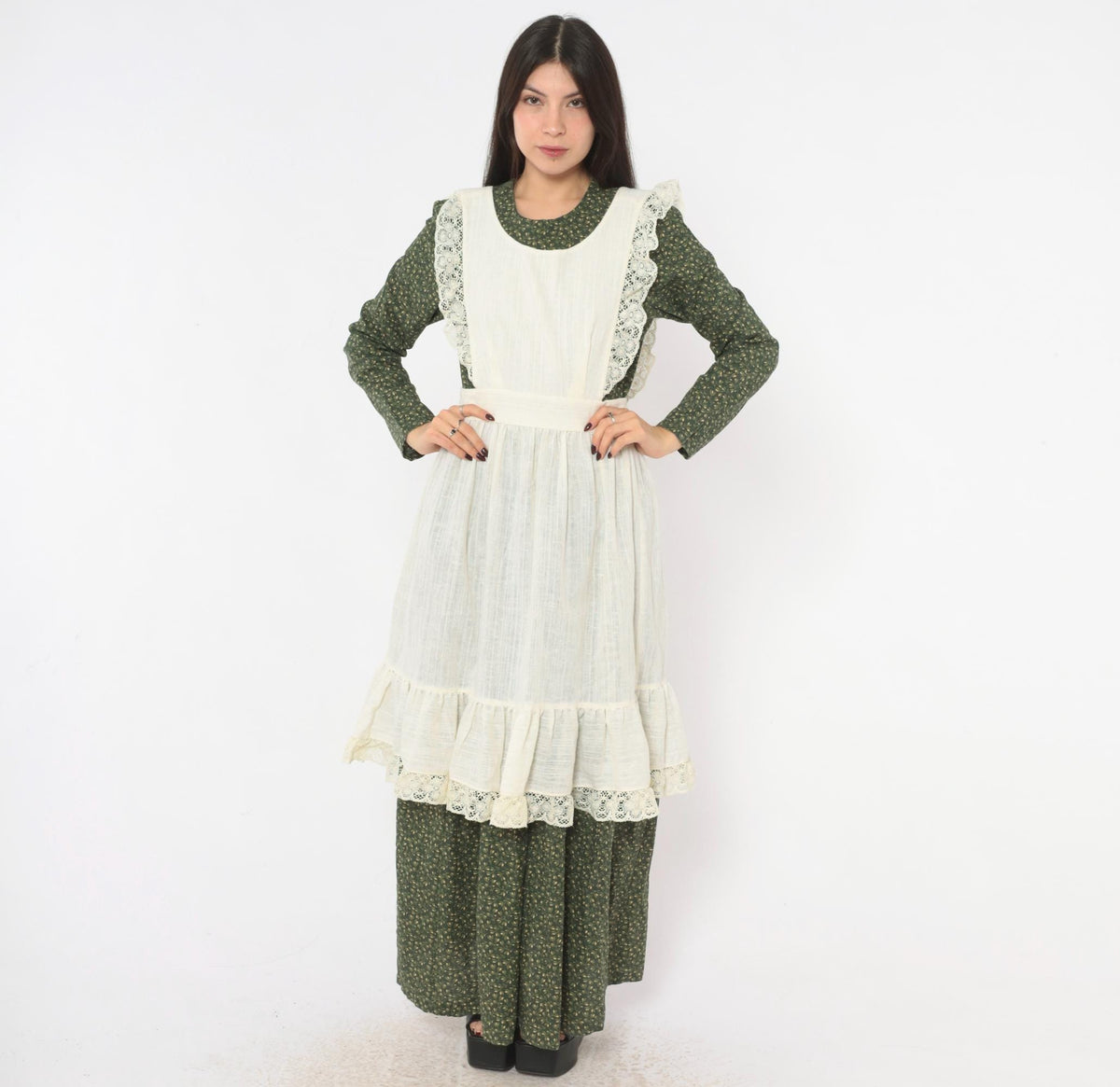 70s Cream Linen Pinafore Apron Dress Crochet Lace Ruffle Tie Back