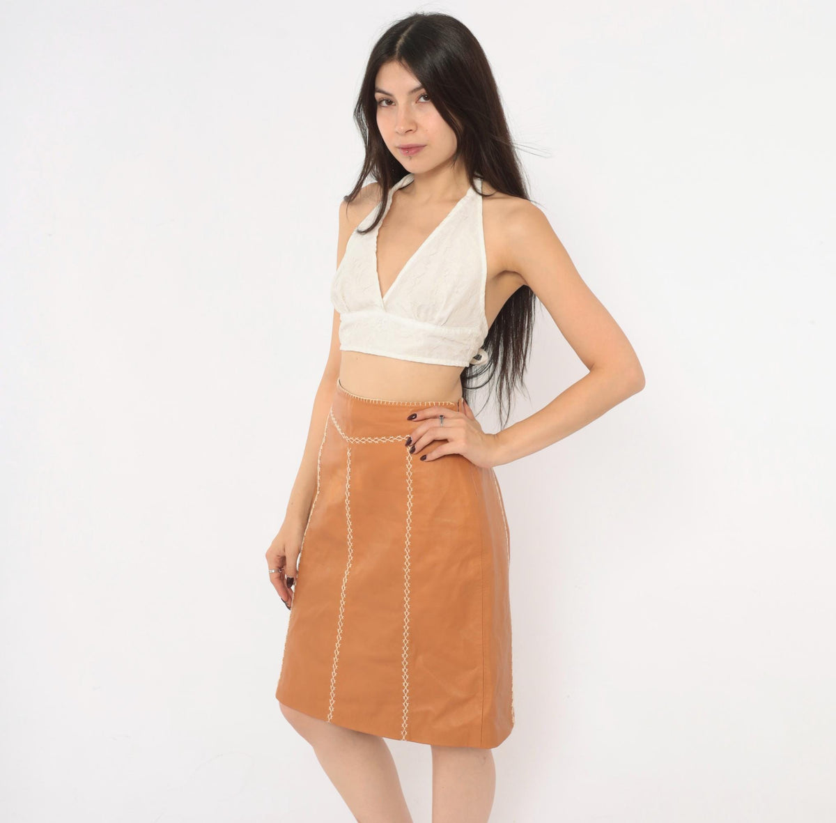 Y2K GAP Tan Leather A-Line Skirt Whipstitch Cream Stitching Small S