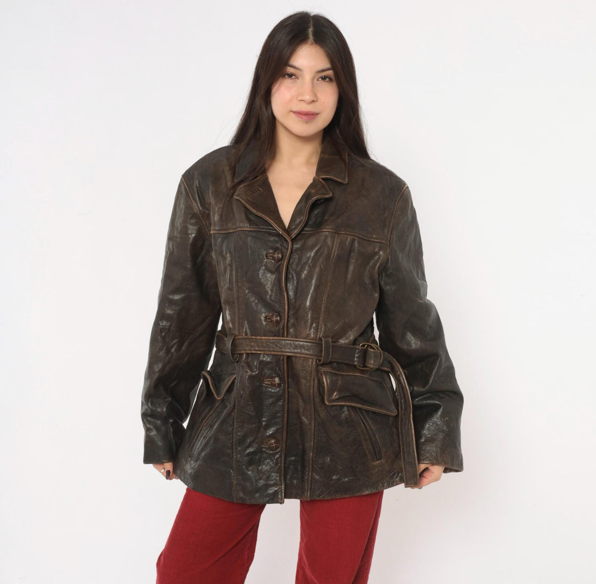 90s Oakwood Brown Leather Jacket Belted Waist Button Front Moto Large