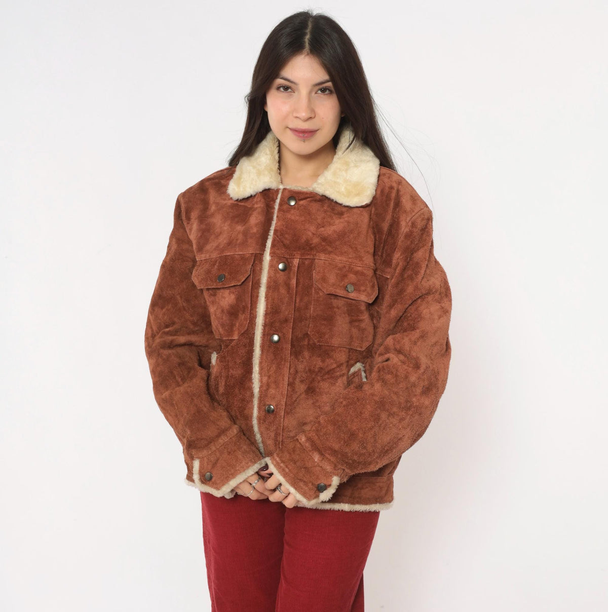 70s Grande Bay Brown Suede Trucker Jacket Shearling Lined Medium