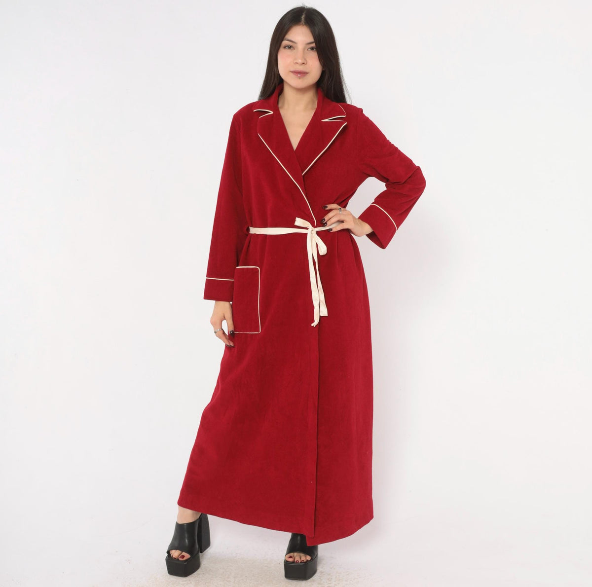 80s Kayser Red Wrap Robe Maxi Dressing Gown White Piping Medium M