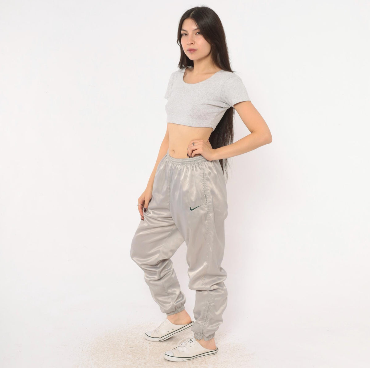 90s Nike Track Pants Grey Nylon Tapered Joggers Ankle Zip Medium M