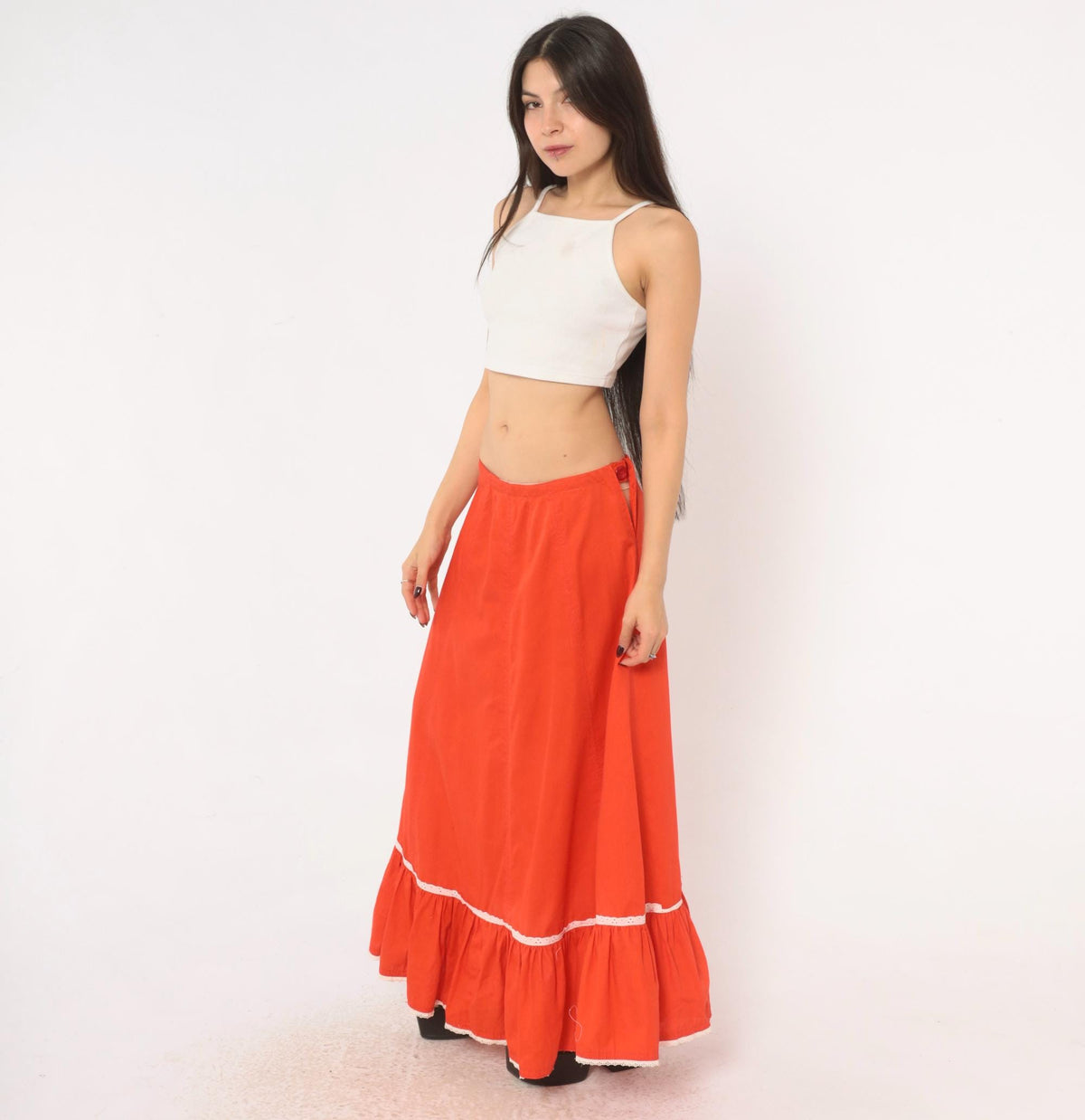 70s Orange Prairie Skirt Tiered Ruffle Eyelet Lace Trim Ankle Length Large