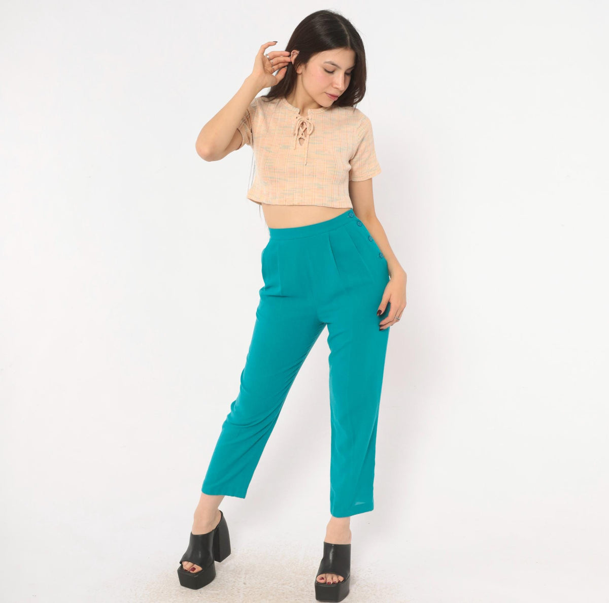 80s Teal Pleated High-Waist Tapered Trousers Prophecy Petites Extra Small