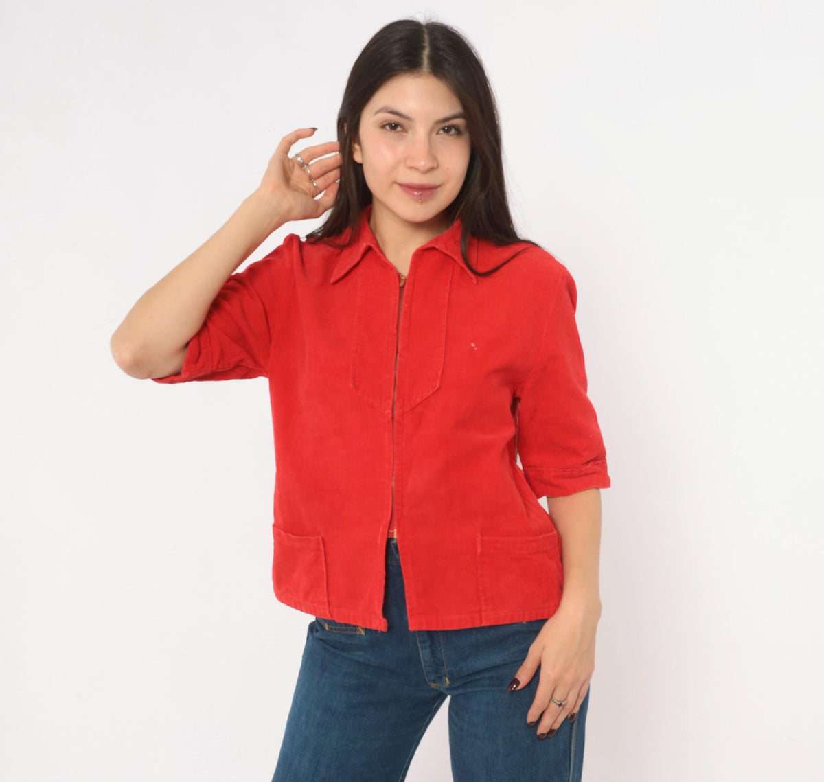 70s Red Corduroy Zip Shirt Pointed Collar Patch Pocket Cropped Blouse Small S