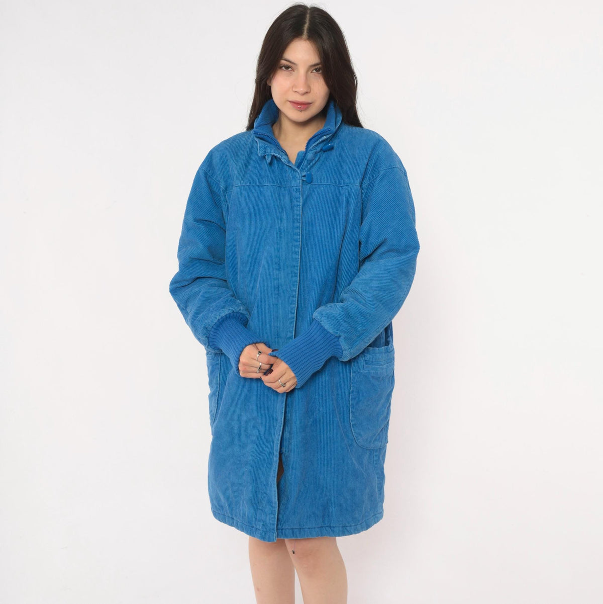 80s Windy Weather Corduroy Coat Blue Zip Front Stand Collar Large L