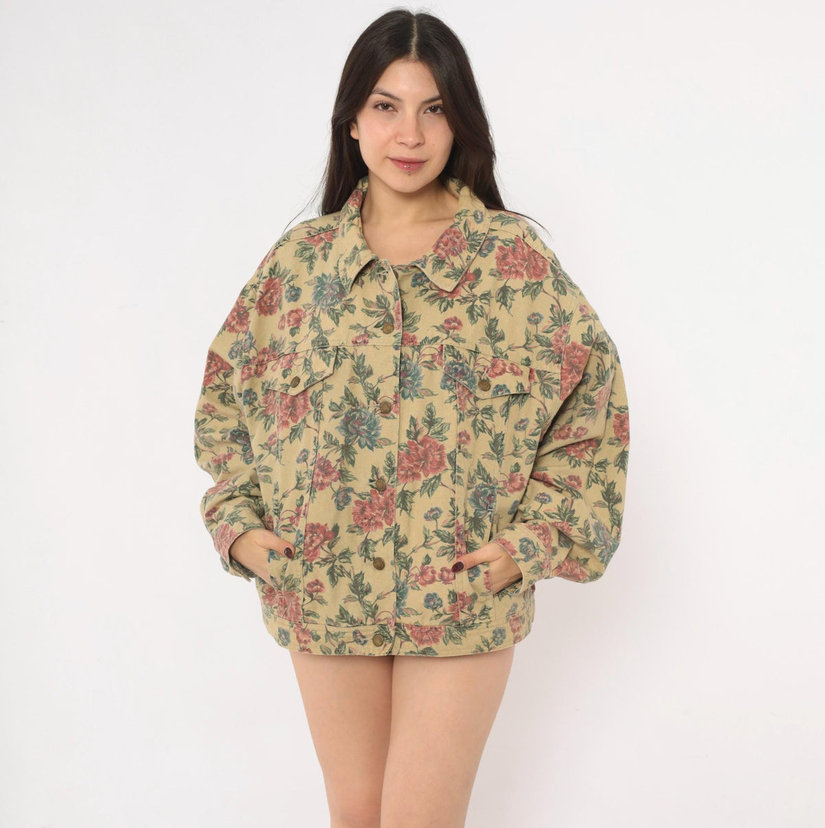90s Woolrich Floral Denim Jacket Beige Cotton Canvas Pink Rose Print Extra Large XL