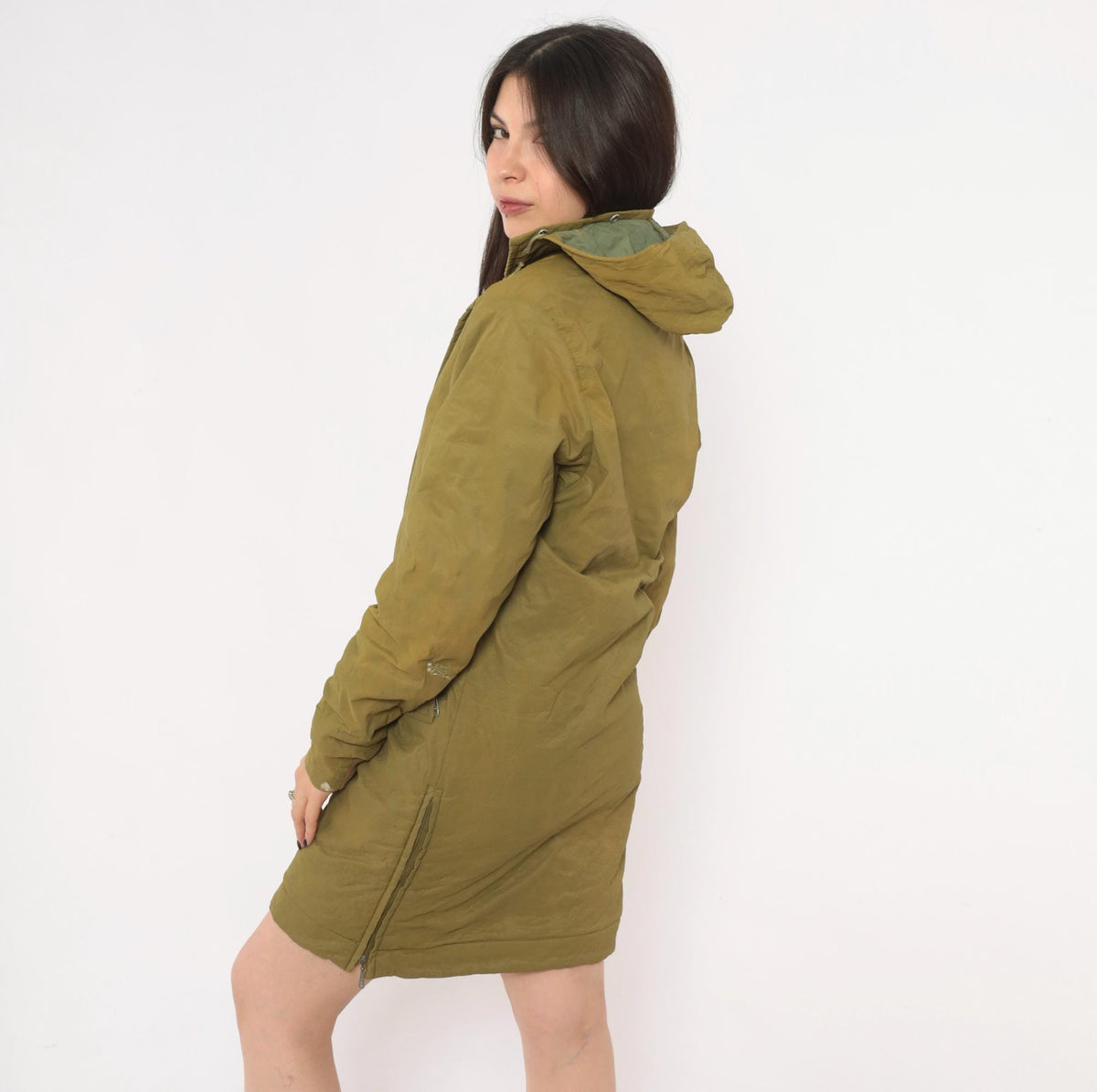 60s Olive Hooded Parka Jacket Nylon Military Field Coat Snap Zip Small