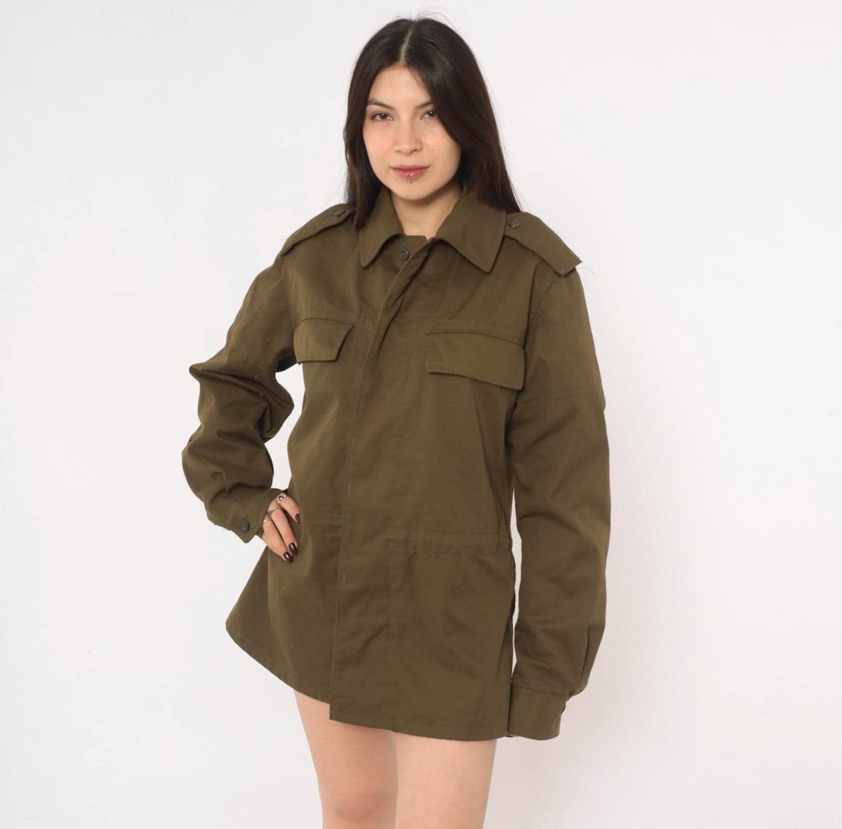 90s Olive Green Military Field Jacket Cotton Button Front Medium