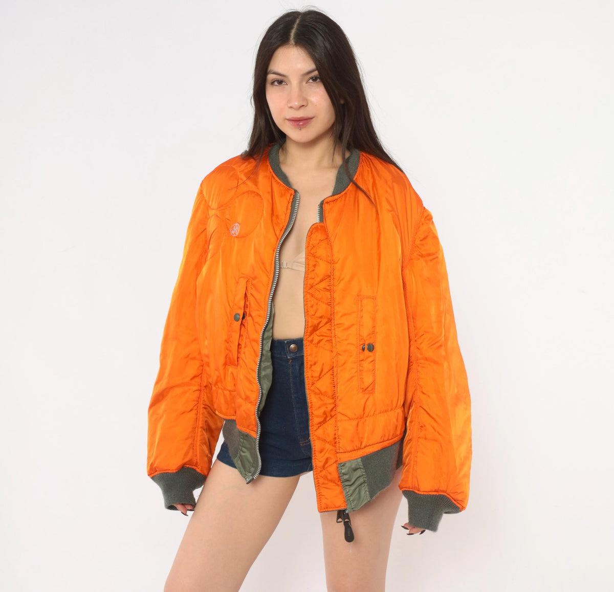 90s MA-1 Bomber Jacket Olive Green Reversible Orange Flight Coat Large L